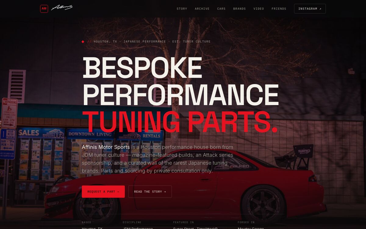 Affinis Motor Sports homepage: “Bespoke performance tuning parts.”