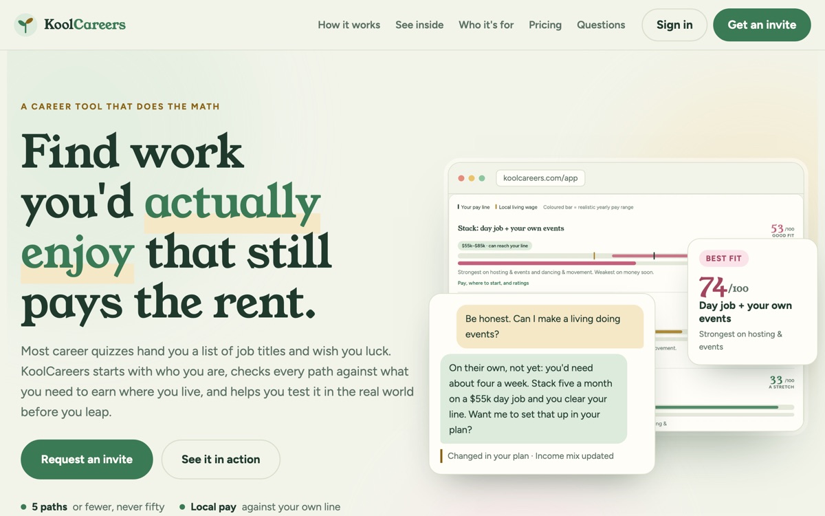 KoolCareers homepage: “Find work you’d actually enjoy that still pays the rent.”