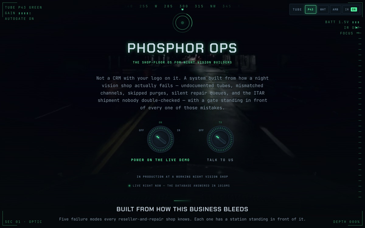 Phosphor Ops pitch page, styled as a night-vision goggle: “The shop-floor OS for night vision builders.”