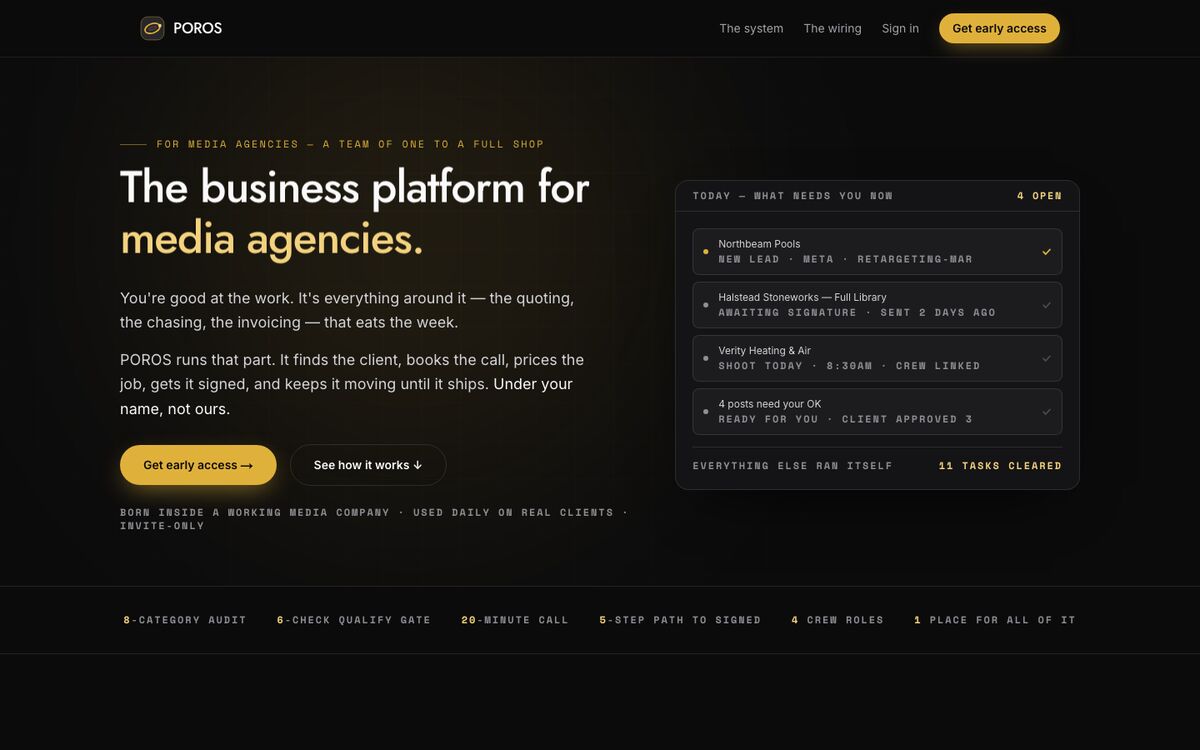 POROS homepage: “The business platform for media agencies.”