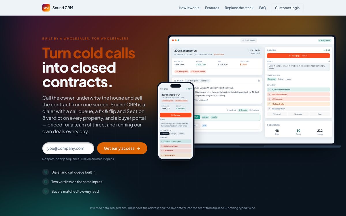 Sound CRM product page: “Turn cold calls into closed contracts.”