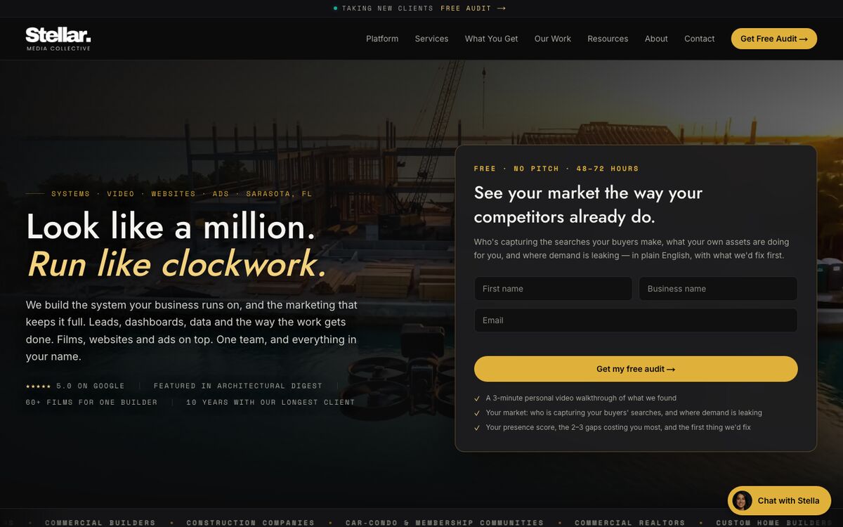 Stellar Media Collective homepage: “Look like a million. Run like clockwork.”
